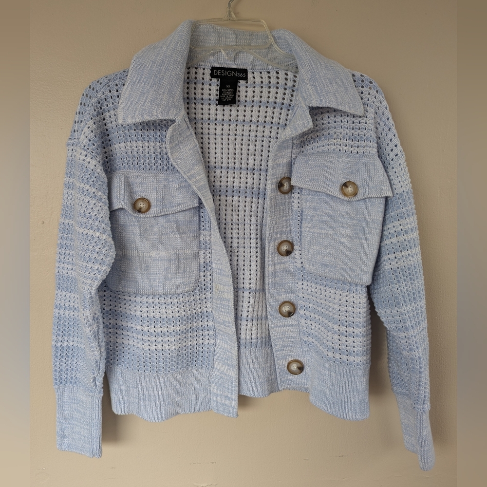 Design 365 Crocheted Knit Two Pocket Sweater Cardigan Coat Jacket, Blue (XS) - Picture 4 of 15